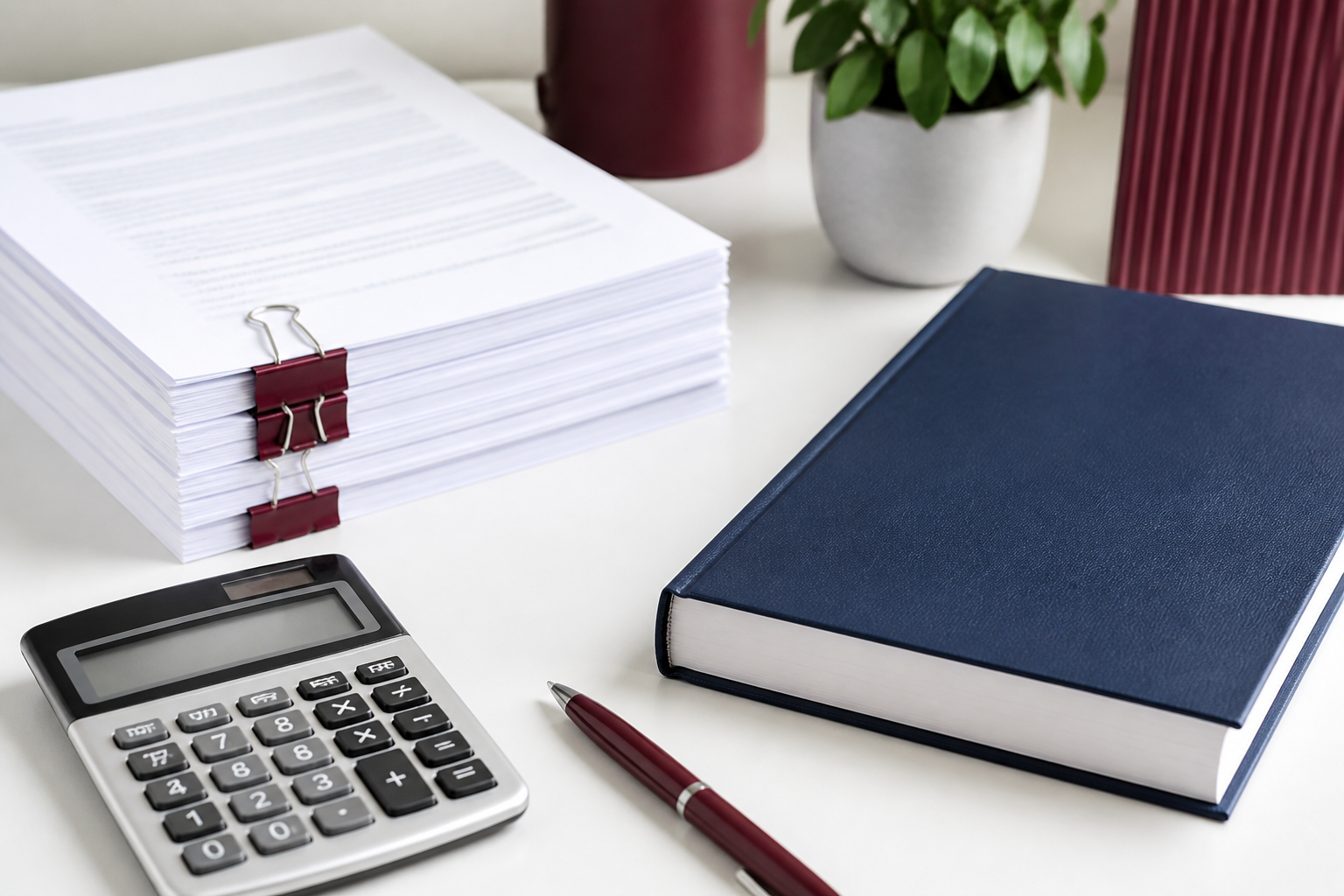 Manuscript, book, and calculator on a desk