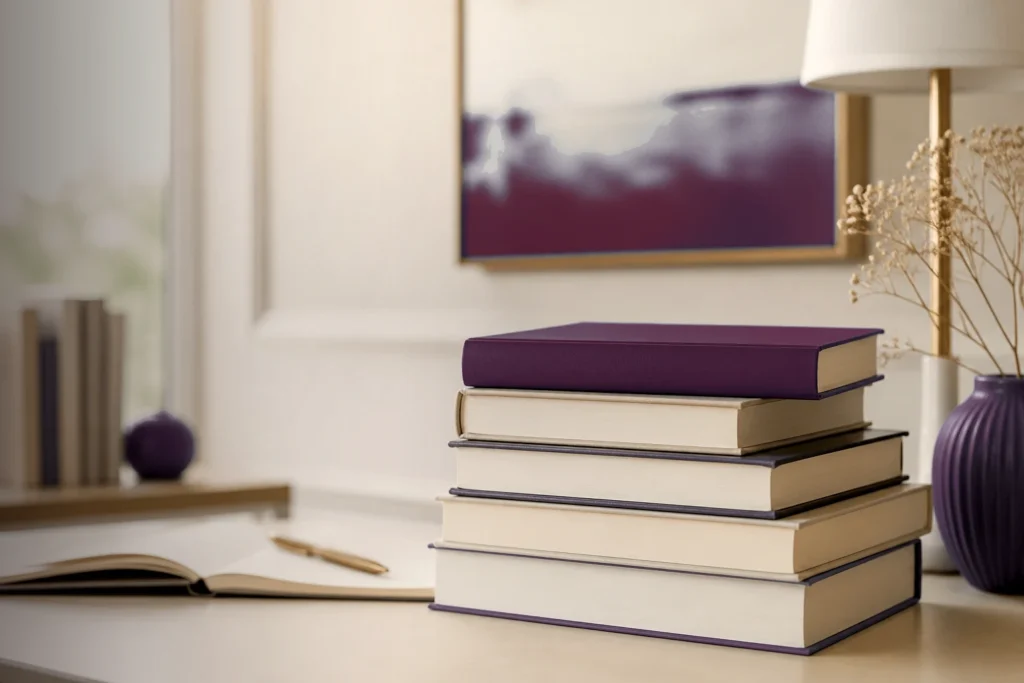 Clear premium workspace with a maroon hardcover stack, open notebook, and gold pen on a light desk.