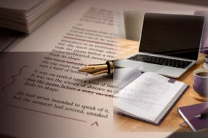 Marked-up manuscript with maroon edits beside an open laptop on a wood desk workspace.