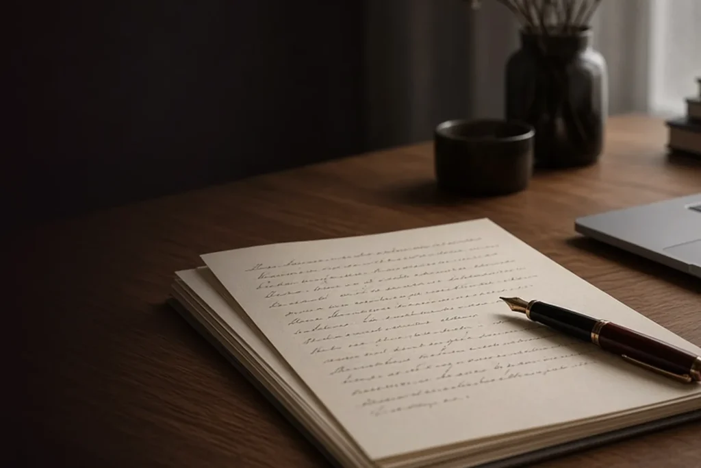 Dark wood desk with cream manuscript notes and a maroon fountain pen, soft shadow on the left for headline overlay.