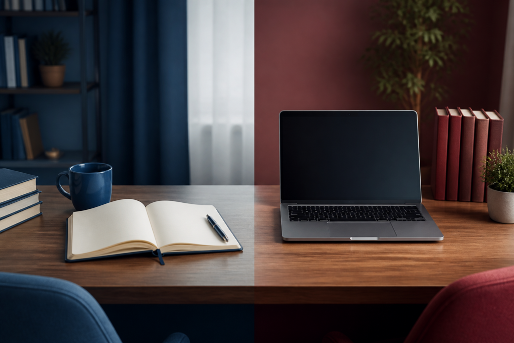 Writing desk comparing notebook and laptop paths