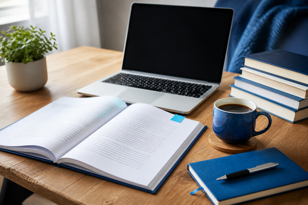 Manuscript and laptop on a writing desk