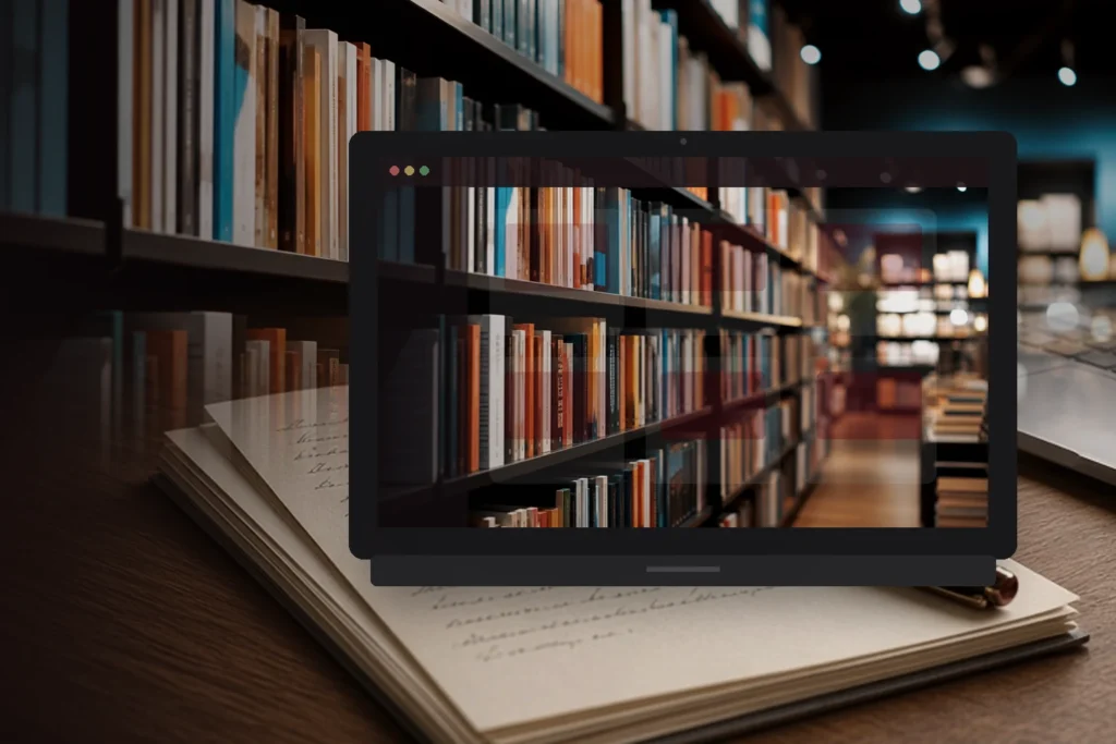 Laptop showing a bookstore shelf mock on a desk, library shelves softly blurred behind, no store badges.