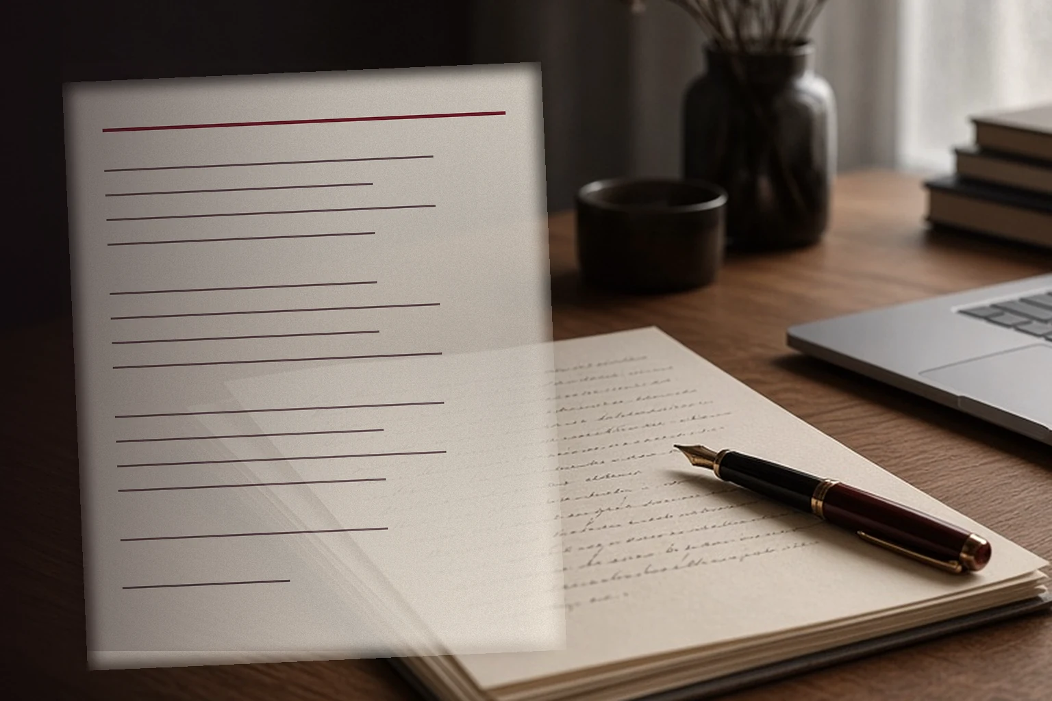 Contract-style cream page and fountain pen on a warm desk, laptop softly blurred in the background.