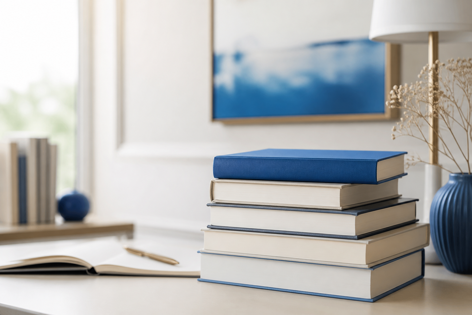 Stack of hardcover books on a professional desk
